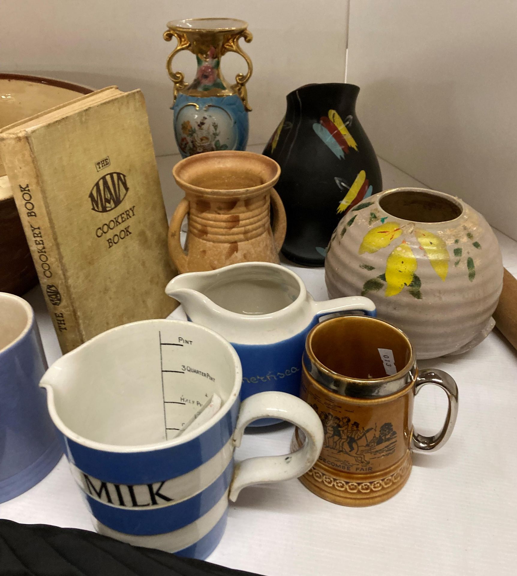 Remaining contents to rack - pancheon (with cracks), wood truncheon, parasols, Tala measuring jug, - Image 2 of 5