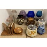 Contents to part of rack - three glass Kilner jars, large glass bowls, Bramley biscuit barrel,