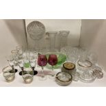 Contents to part of shelf - assorted glassware including mushroom shaped decanter, vases, bowls,