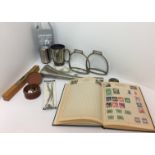 Ten items including pair of stirrups, Thomas Foulkes plated hunting horn,