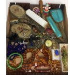 Contents to tray including costume jewellery, pill boxes, brush and mirror sets, watches,