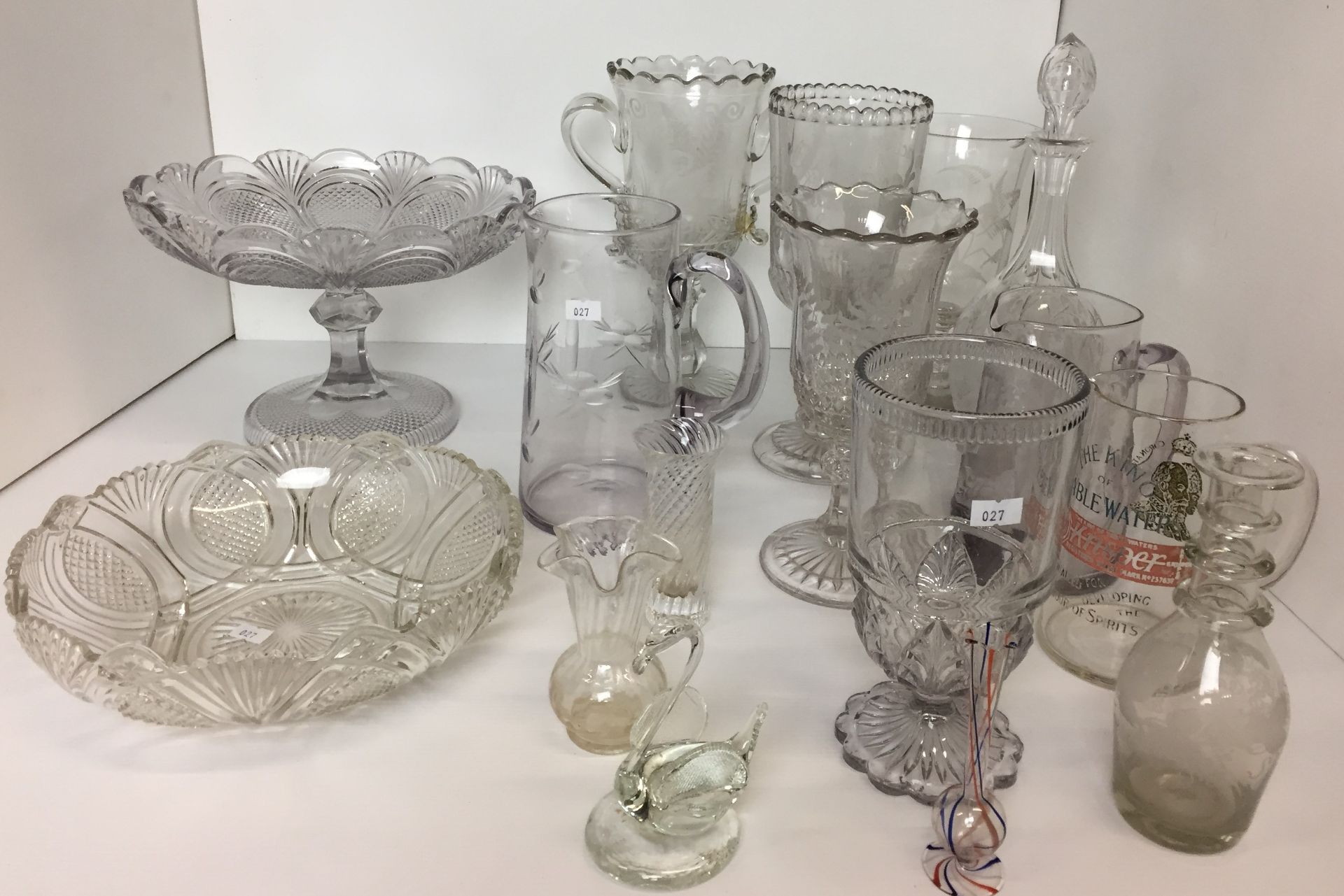 Sixteen items of glassware including stemmed cup 26cm high engraved Old England Forever,