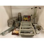 Optic stand, four compartment grey cutlery tray and contents (assorted cutlery),