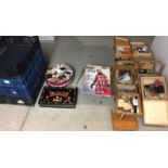 Two wooden sewing boxes and tin containing sewing equipment and materials,