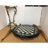 Two items - composite top marble-effect chess board table with metal gilt Queen Anne legs 60cm