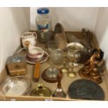 Contents to tray - metalware and pottery items - coffee grinder, jugs, pair of wooden clogs, etc.