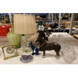 Contents to part of rack - three glass bowls, large green glass vase, perspex table lamp,