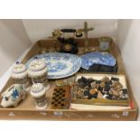 Contents to tray - reproduction telephone, brass crucifixes, mantel clock,