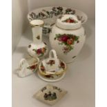 Five pieces of Royal Albert Old Country Roses fine bone china ornaments including jar with cover,