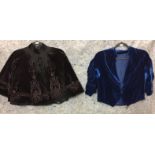 Two garments - ladies black velvet cape with beaded decoration and blue velvet bolero with half
