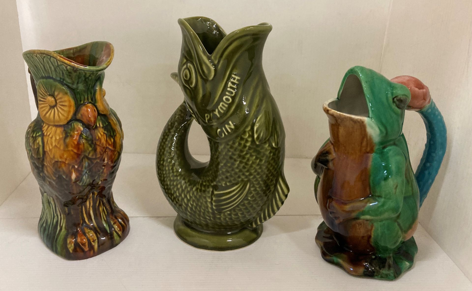 A Dartmouth Devon Plymouth Gin green glazed fish jug, frog and parrot jugs, etc. - Image 2 of 4