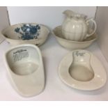 Five items including Athens blue and white bowl 40cm diameter, white jug and bowl set 38cm diameter,