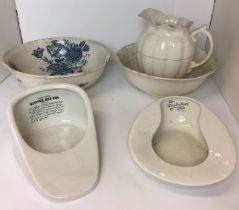 Five items including Athens blue and white bowl 40cm diameter, white jug and bowl set 38cm diameter,