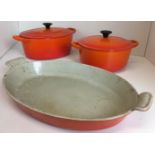 Three pieces flame Le Creuset - round casserole size 20,