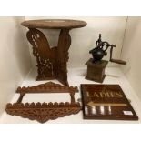 Small wooden Indian patterned table with folding base, wood ornamental spoon rack,