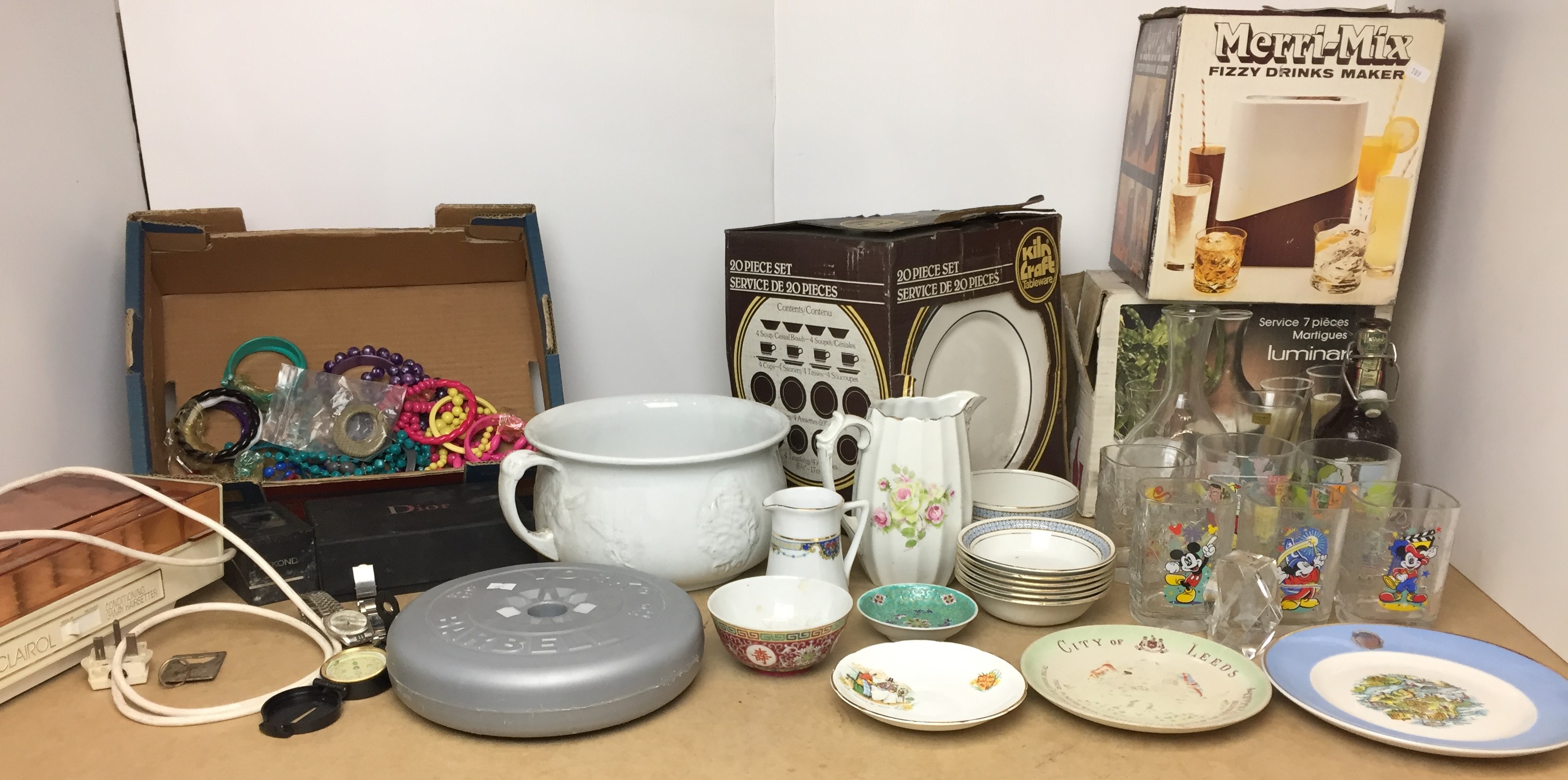 Fifty plus items including Meakin Sol chamber pot, York 5KG Barbell, compass, costume jewellery,