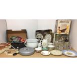 Fifty plus items including Meakin Sol chamber pot, York 5KG Barbell, compass, costume jewellery,