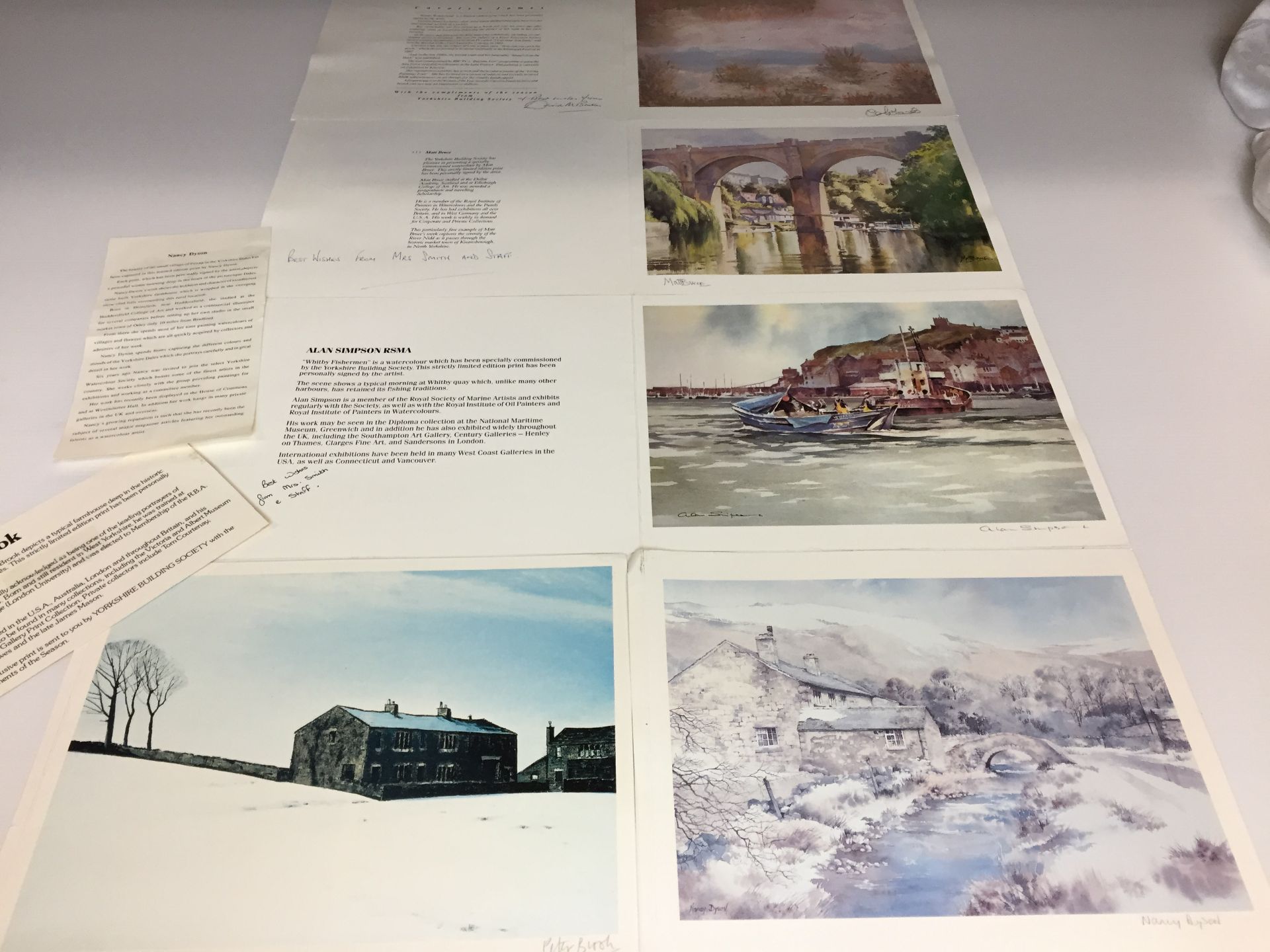 Five signed prints of Yorkshire scenes 26 x 20cm - all Yorkshire Building Society Christmas cards
