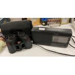 A pair of Jason 7x35 Perma Focus 2000 binoculars in case and a Sony 3 band receiver radio 240v