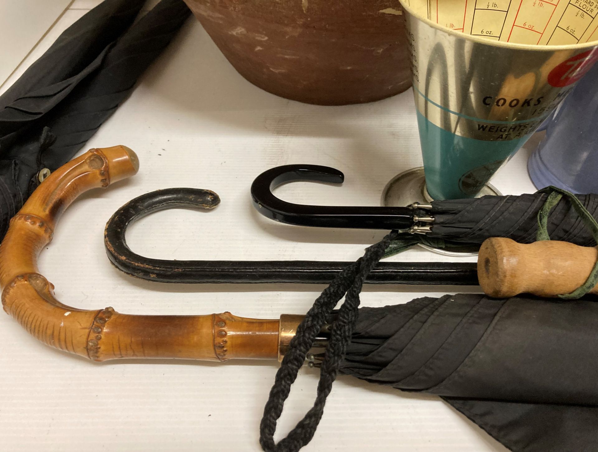 Remaining contents to rack - pancheon (with cracks), wood truncheon, parasols, Tala measuring jug, - Image 5 of 5