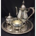 Four pieces of silver plate - Viners tea/coffee service and tray (Saleroom location: T11)