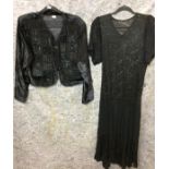 Two garments - black lace full length dress and black velvet jacket size M with silk and bead