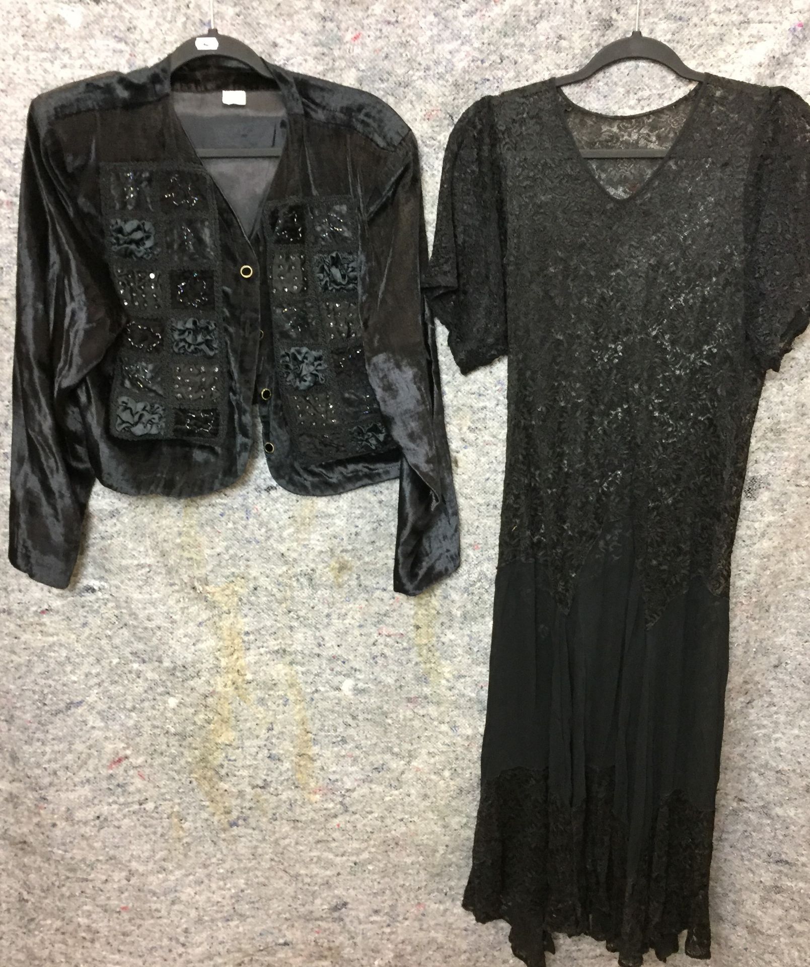 Two garments - black lace full length dress and black velvet jacket size M with silk and bead