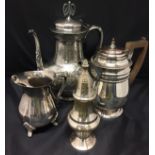 Four pieces silver plate including Pairpoint tea/coffee pot, wooden handle hot-water/coffee pot,