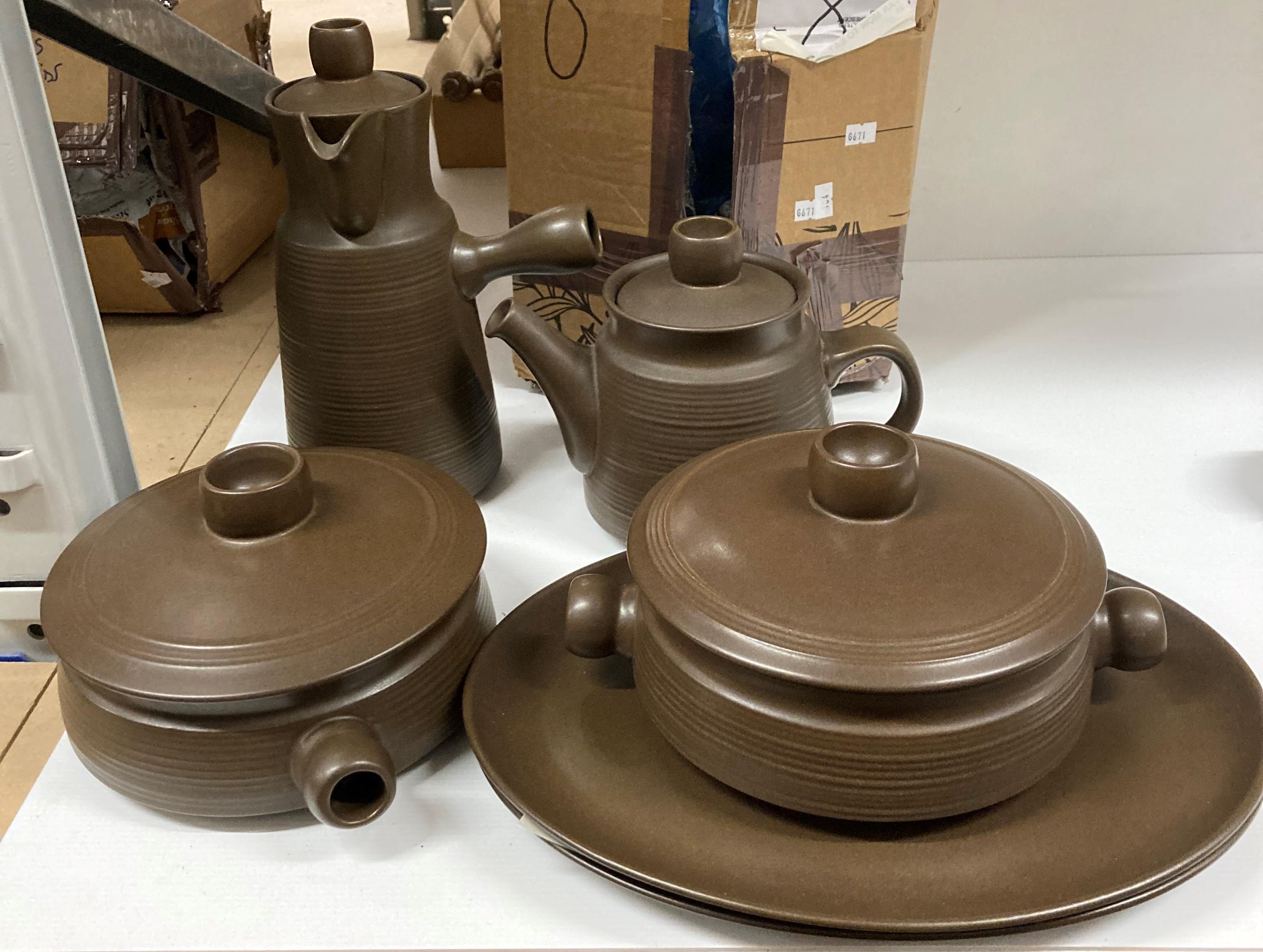 Thirty-three pieces of Denby brown pottery tableware including tureens (one cracked to bottom), - Image 2 of 5