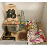 Two boxes of vintage Christmas baubles and contents to lid - Riley's Superior Toffee tin, bottles,