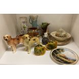 Contents to part of rack - Hornsea Fauna ware vase, two Coopercraft pottery Labrador dogs,