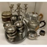 Picquot ware tea and coffee pot, Don pewter teapot, two and three stem candelabra, stainless tray,