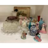 Contents to part of rack - glass bowls, cheese dish and cover, conch shell, figurines,