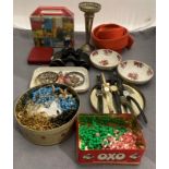 Contents to box - EPNS vase, two Royal Doulton dishes, costume jewellery,