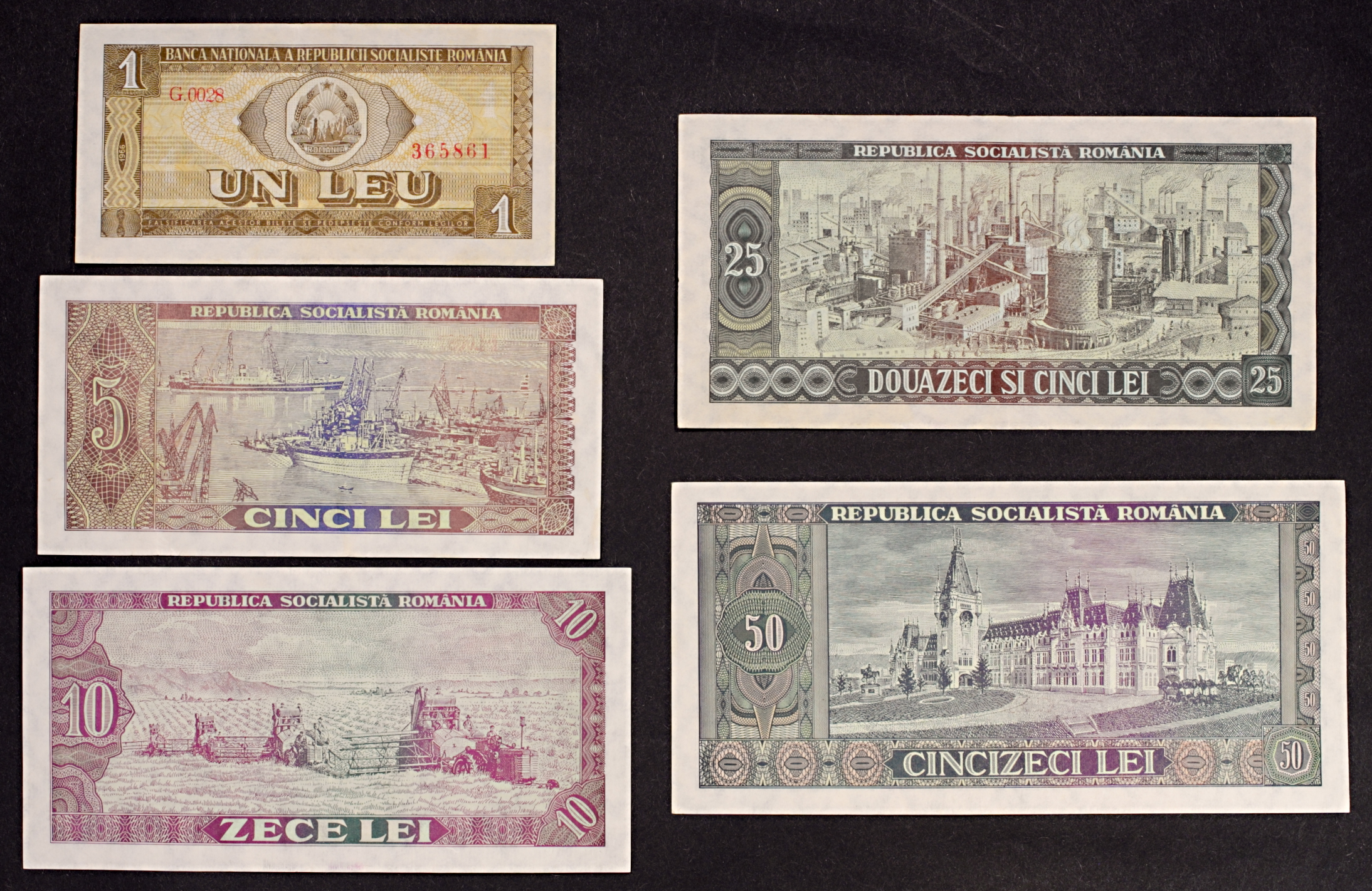 Romania - 50, 25, 10, 5 and 1 Lei, 1966, EF and better (5) - Image 2 of 2