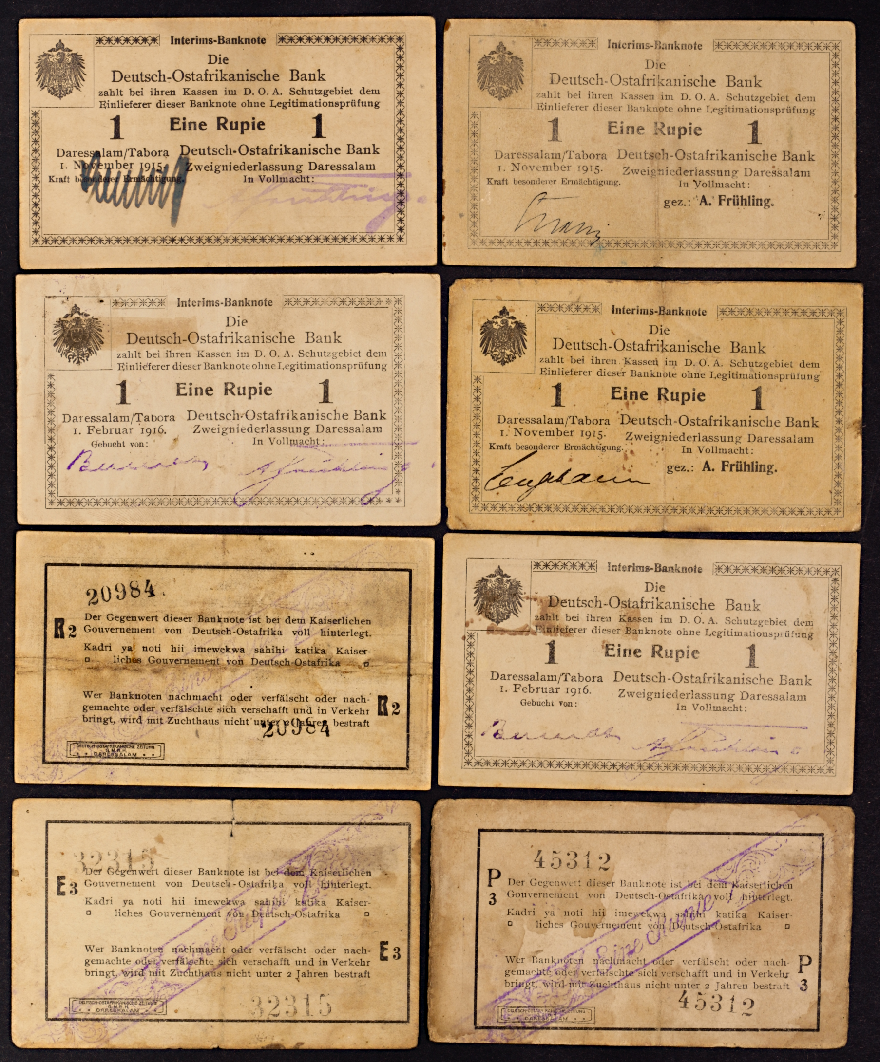 German East Africa (DOA) - WW1 Emergency Issues, 1 Rupie, 8 various 1915-1916 - Image 2 of 2