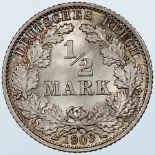 Germany - 1/2 Mark 1909 G (Karlsruhe Mint) Good EF