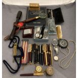 Contents to tray - mahogany cosh with leather strap, brass navy bosun's whistle,