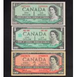 Canada - One Dollar 1954 EF, 1967 UNC; Two Dollars, 1954 VF