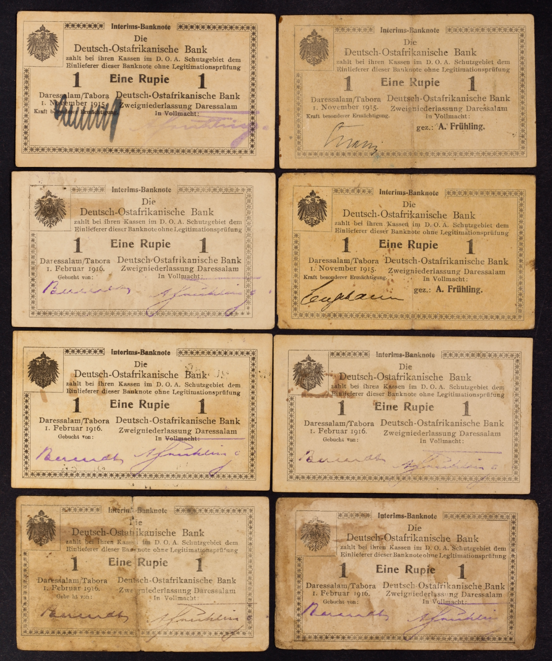 German East Africa (DOA) - WW1 Emergency Issues, 1 Rupie, 8 various 1915-1916