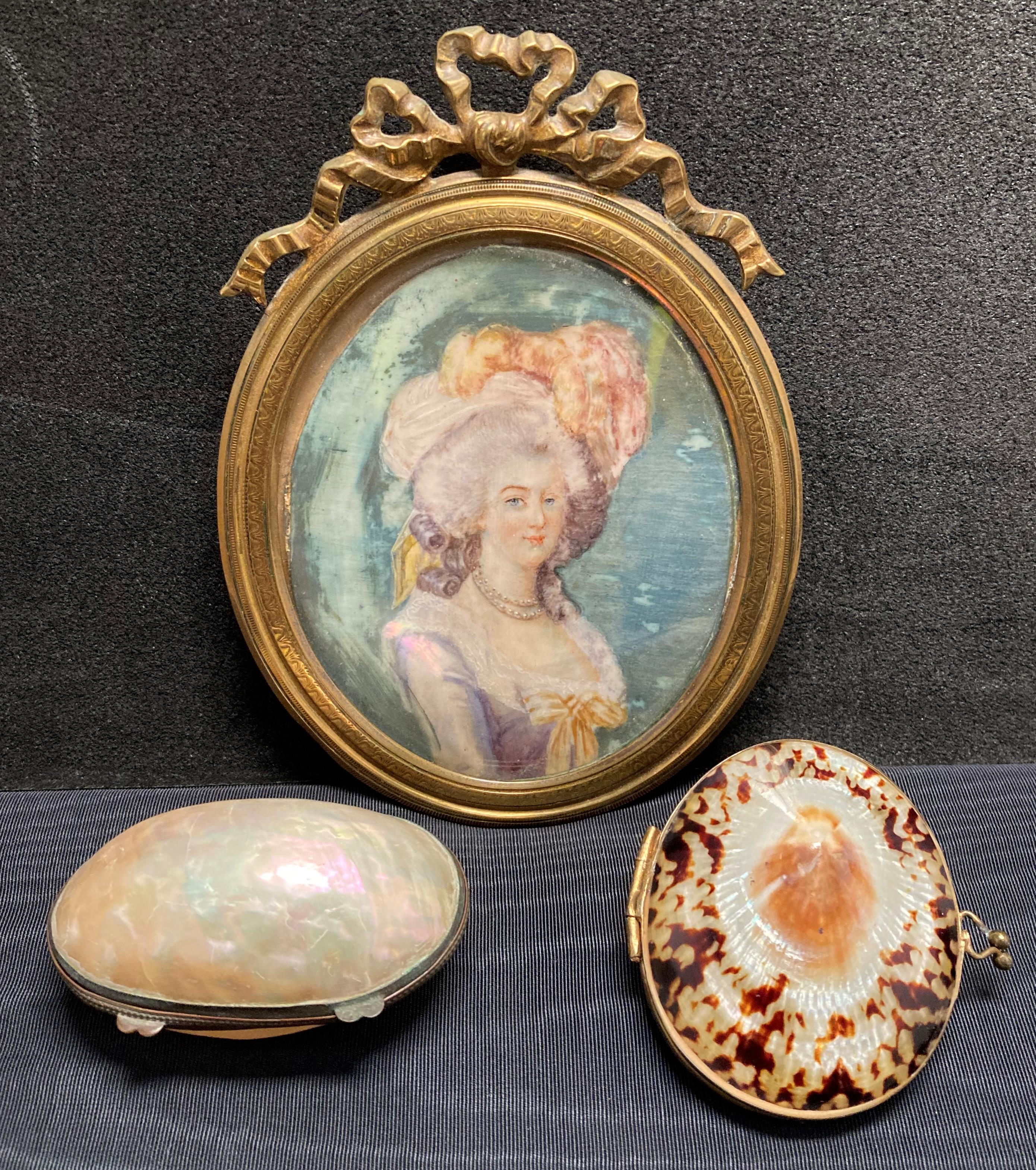 Two shell with brass hinges coin purses and a brass framed portrait of Marie Antoinette