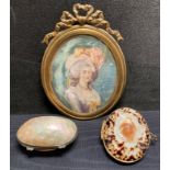Two shell with brass hinges coin purses and a brass framed portrait of Marie Antoinette