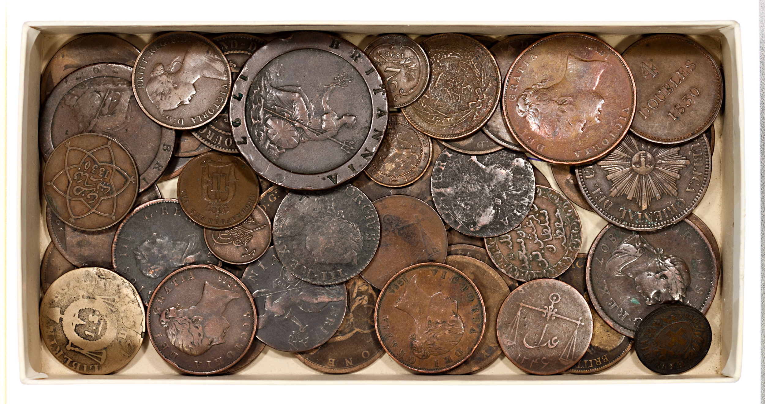 World - Box of Copper Coins, 18th and 19th Century,