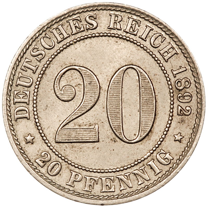 Germany (Empire) - 20 Pfennig 1892 G (Karlsruhe) KM#13, aEF, Scarce.