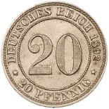 Germany (Empire) - 20 Pfennig 1892 G (Karlsruhe) KM#13, aEF, Scarce.