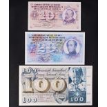 Switzerland - 10 Francs, 1971, VF; 20 Francs, 1973, EF; 100 Francs, 1964, VF