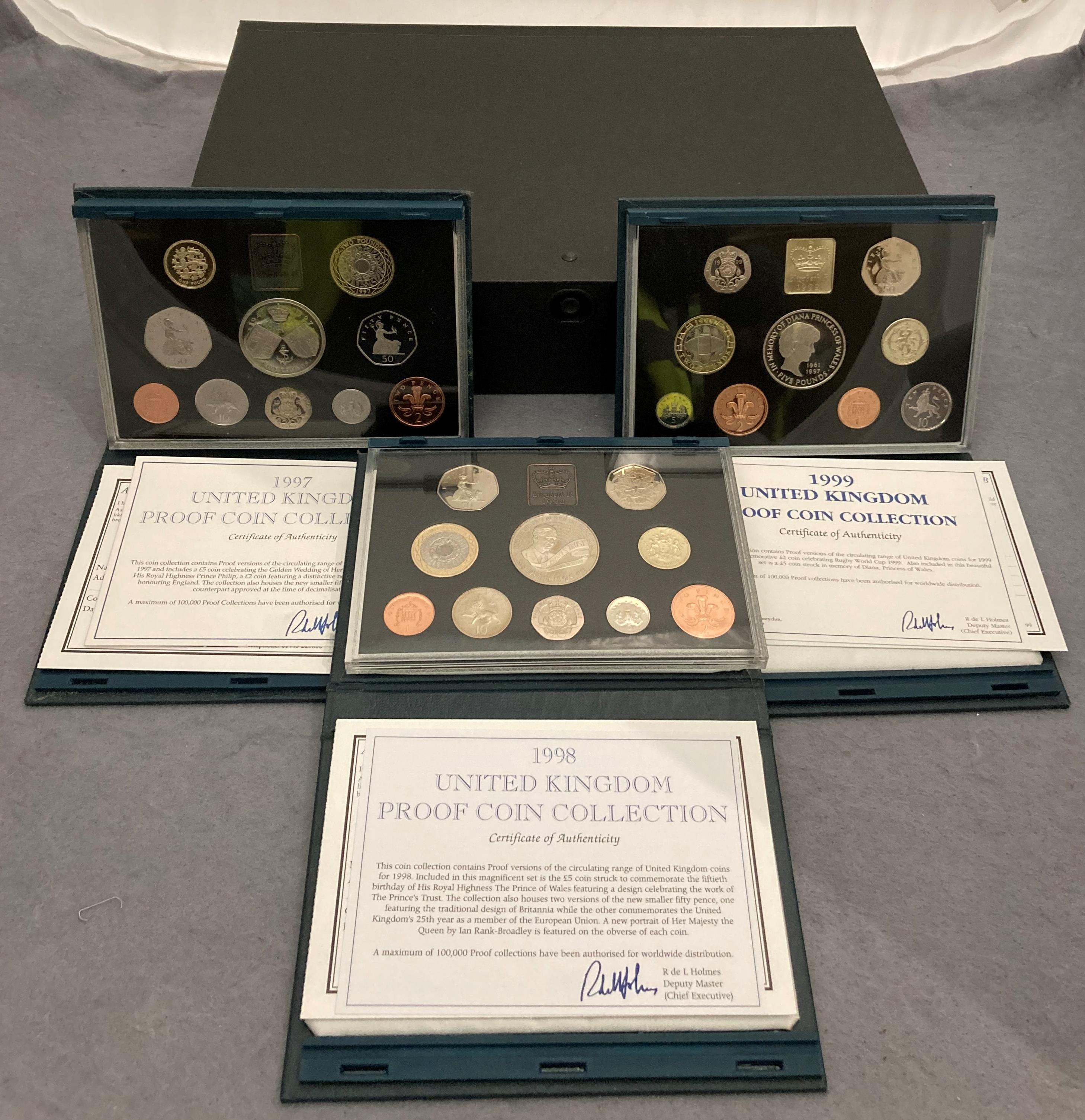 Three Royal Mint United Kingdon proof coin collection sets, years 1997, 1998,