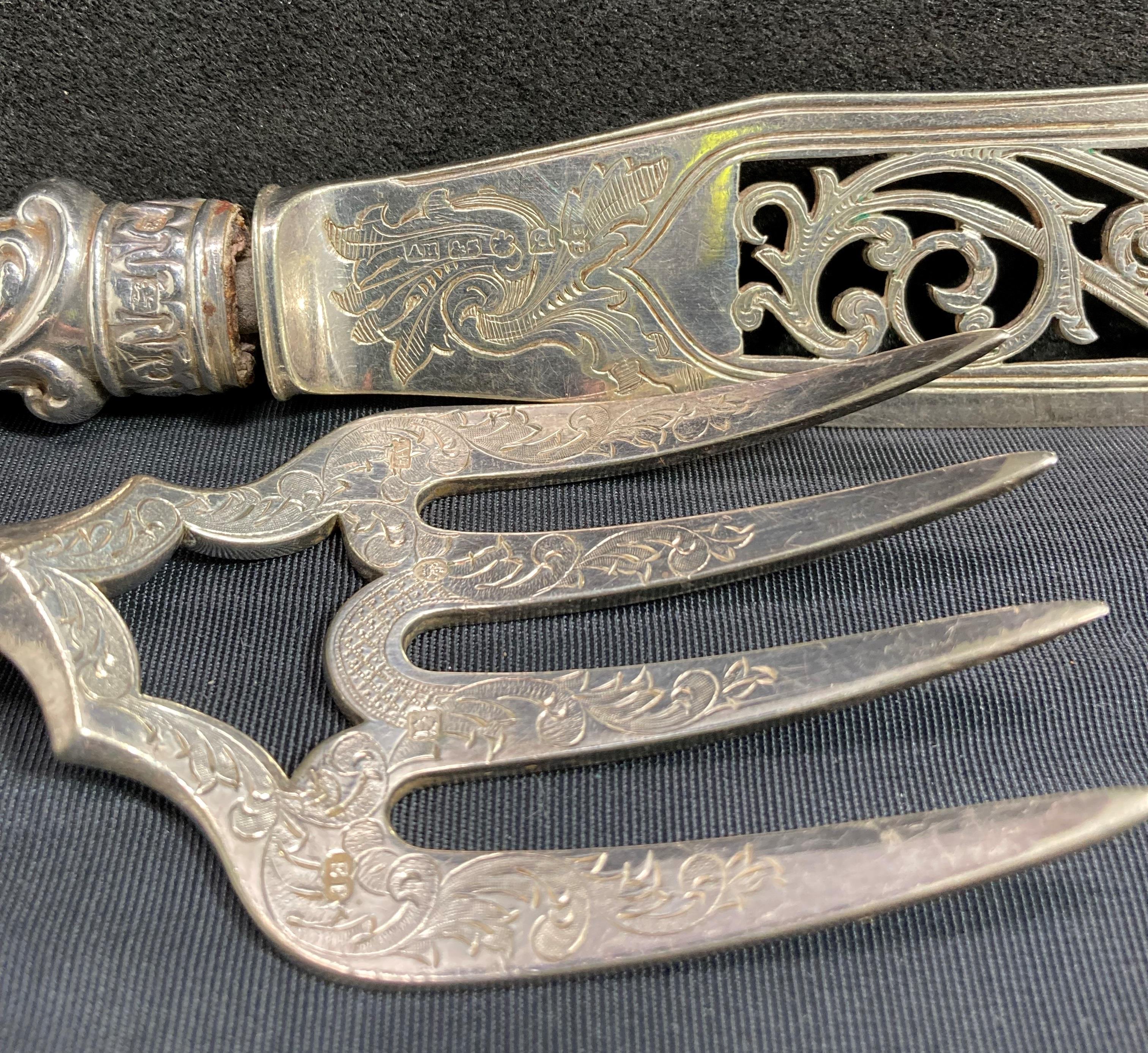 Carving set with silver hallmarked handles (possibly Sheffield late 18th century) with engraved and - Image 3 of 5