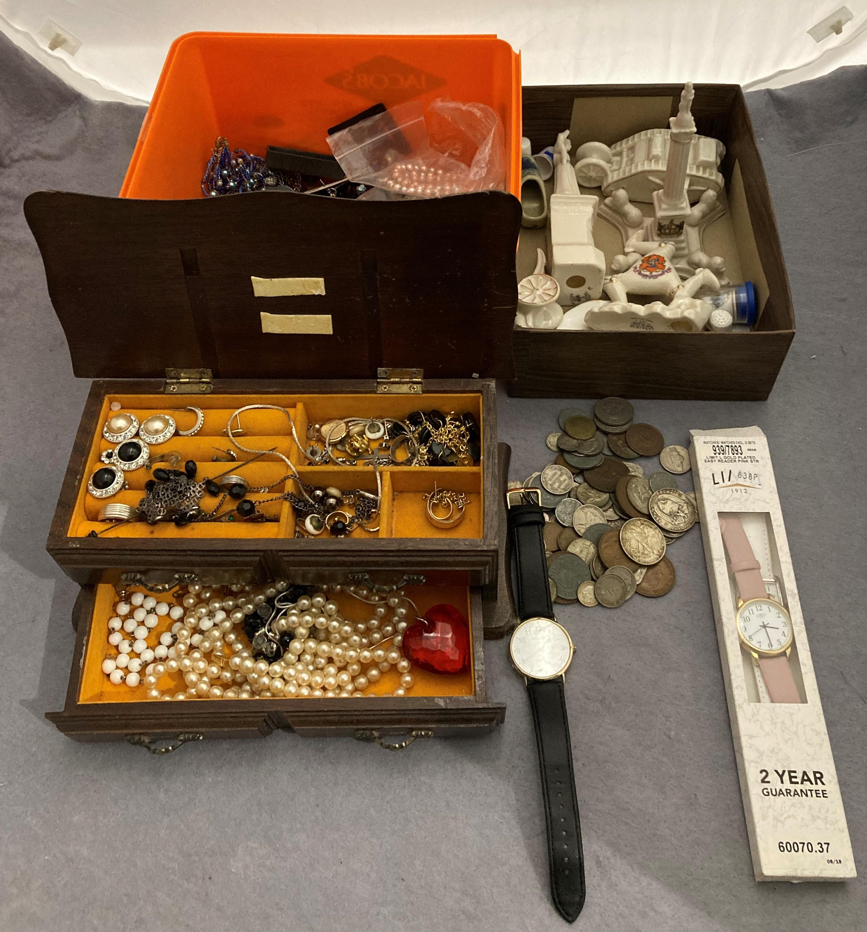 Contents to box - costume jewellery including watches, earrings, necklaces, brooches,