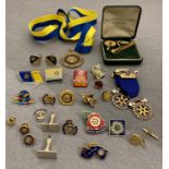 Contents to tub - two silver enamelled Knaresborough Rotary medals/awards, 9ct gold pin badge,